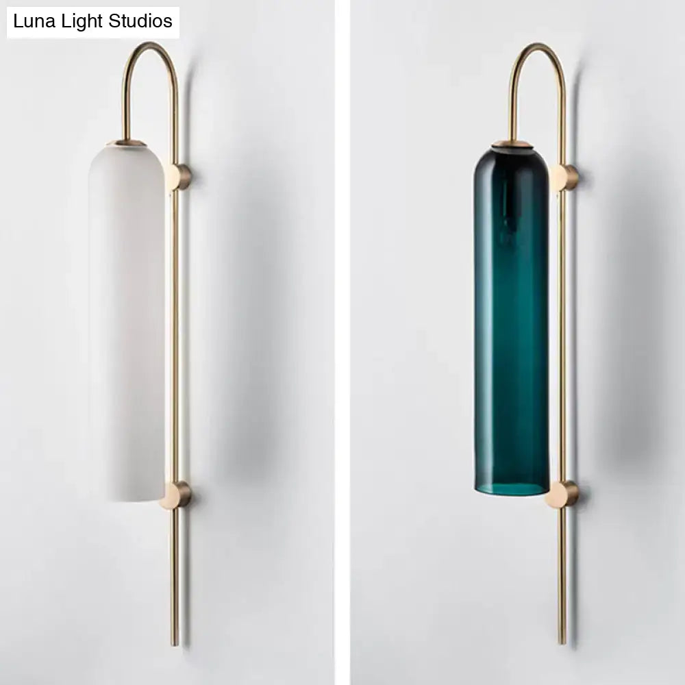 Mid century gooseneck wall light brass & teal glass bedroom sconce