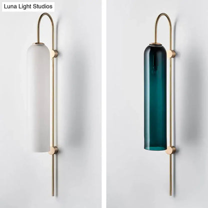Mid century gooseneck wall light brass & teal glass bedroom sconce