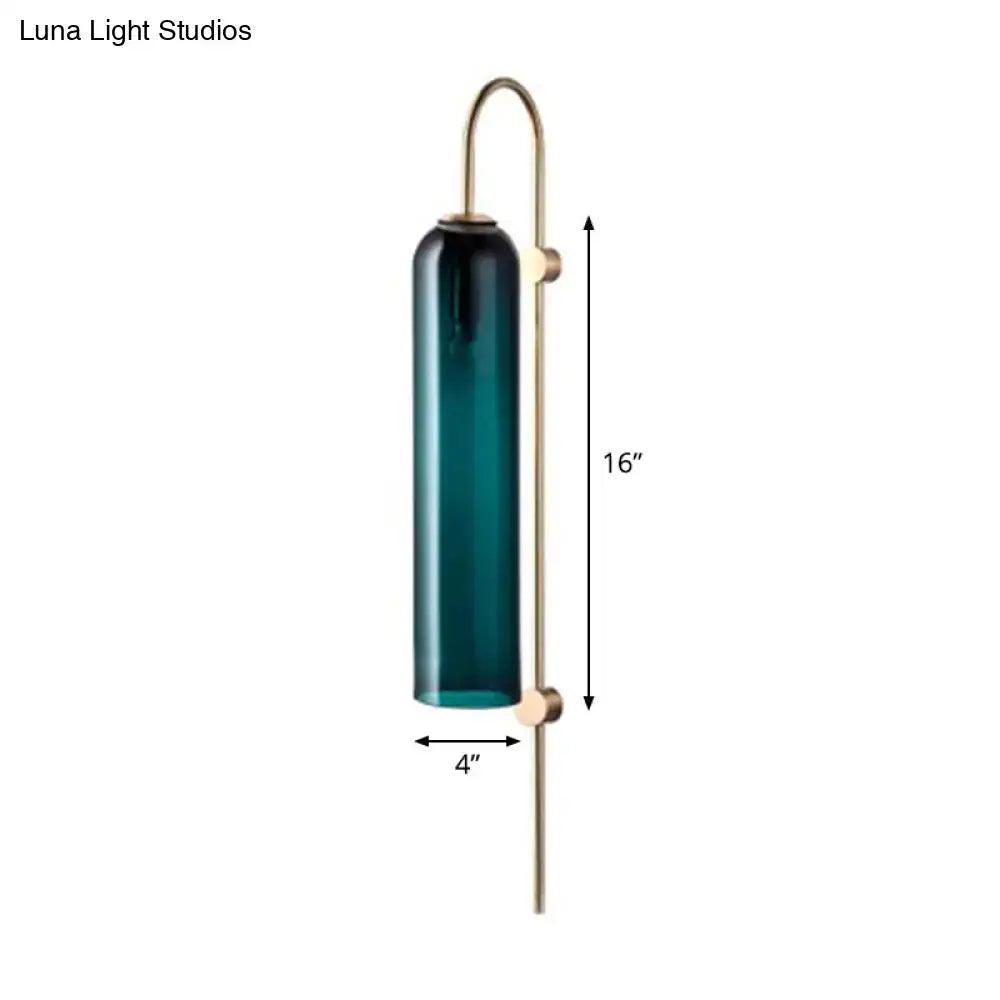Mid century gooseneck wall light brass & teal glass bedroom sconce
