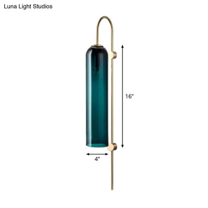 Mid century gooseneck wall light brass & teal glass bedroom sconce
