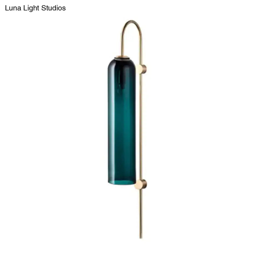Mid century gooseneck wall light brass & teal glass bedroom sconce
