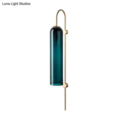 Mid century gooseneck wall light brass & teal glass bedroom sconce