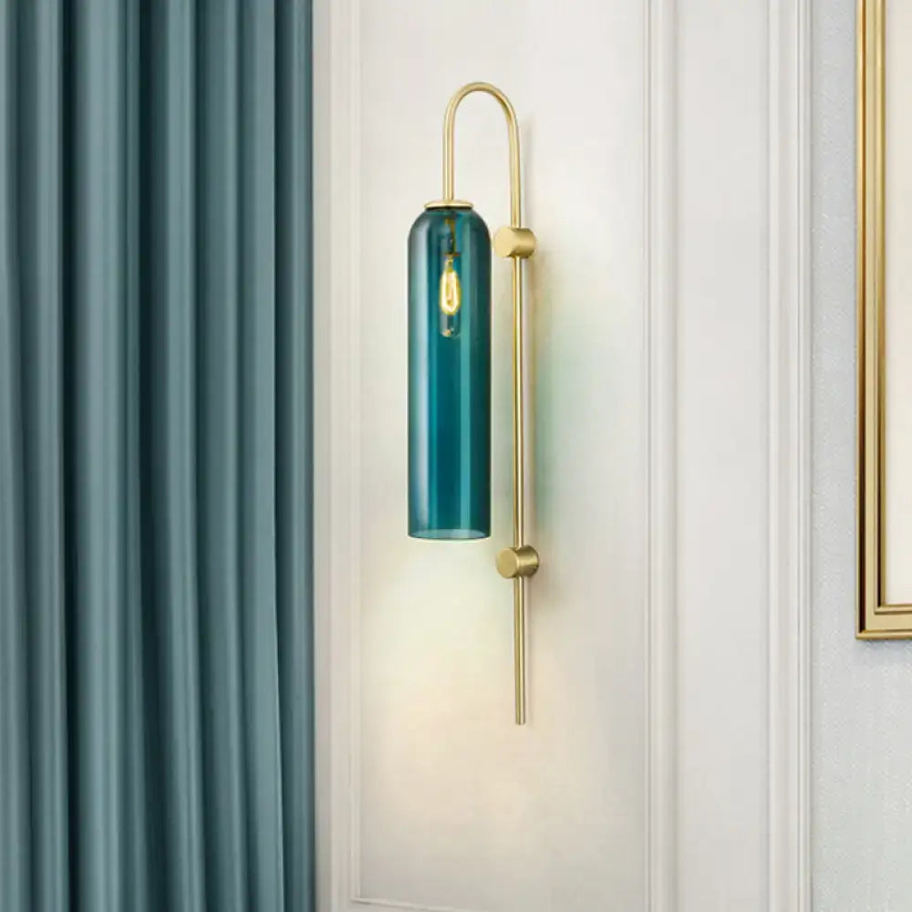 Mid century gooseneck wall light brass & teal glass bedroom sconce