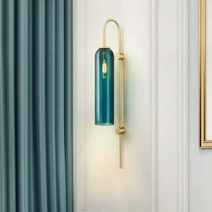 Mid century gooseneck wall light brass & teal glass bedroom sconce