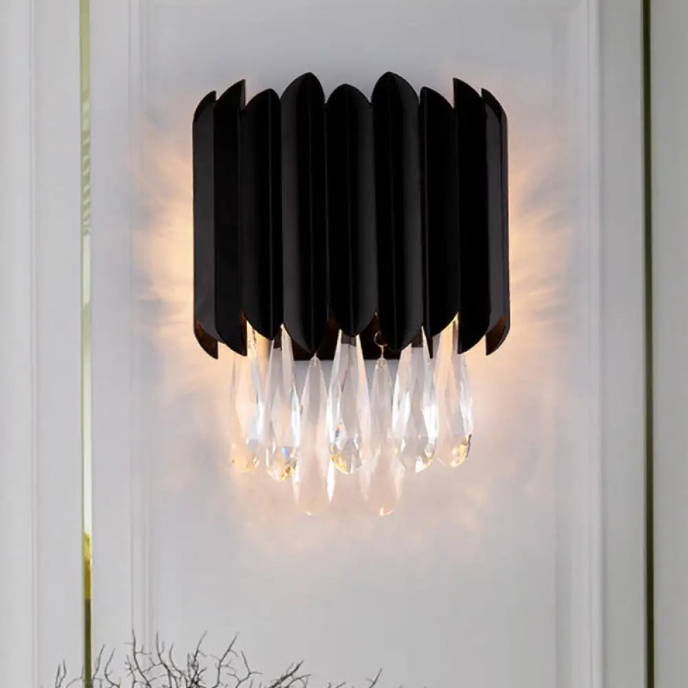 DecorBites™ Mid Century Metal Wall Sconce with Crystal Droplets in Black - 2-Light Flush Mount