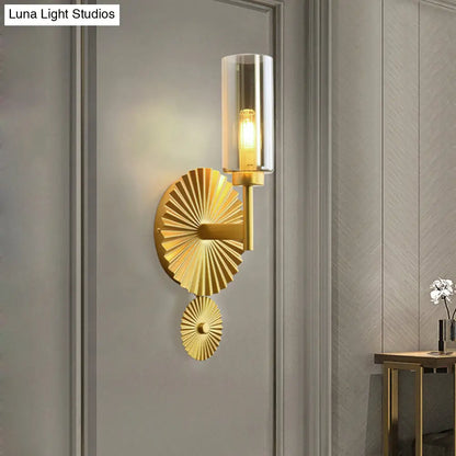 DecorBites™ Mid Century Tubular Wall Sconce with Clear/Amber/Smoke Grey Glass and Brass Scalloped Backplate