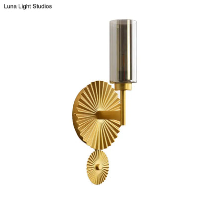 DecorBites™ Mid Century Tubular Wall Sconce with Clear/Amber/Smoke Grey Glass and Brass Scalloped Backplate