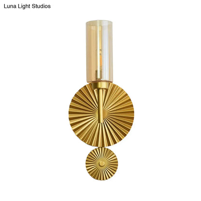 DecorBites™ Mid Century Tubular Wall Sconce with Clear/Amber/Smoke Grey Glass and Brass Scalloped Backplate