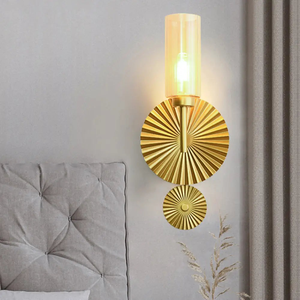 DecorBites™ Mid Century Tubular Wall Sconce with Clear/Amber/Smoke Grey Glass and Brass Scalloped Backplate
