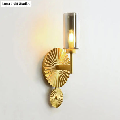 DecorBites™ Mid Century Tubular Wall Sconce with Clear/Amber/Smoke Grey Glass and Brass Scalloped Backplate