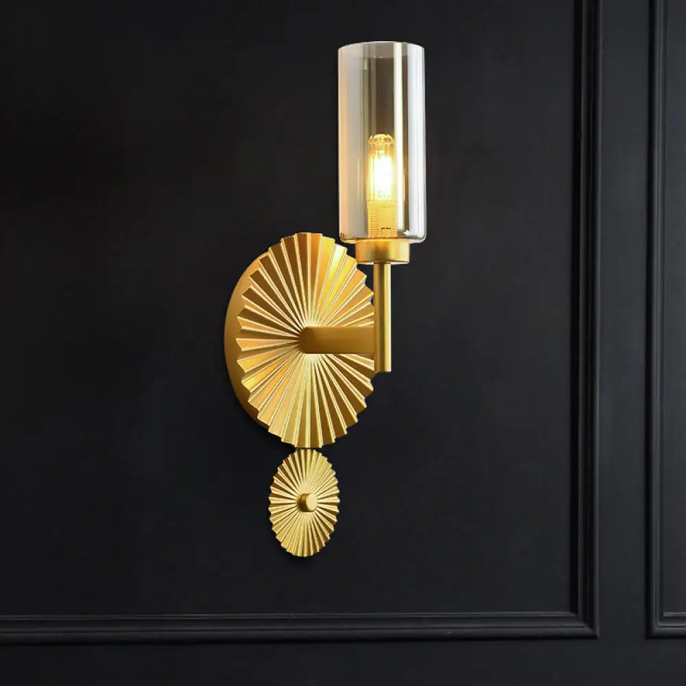 DecorBites™ Mid Century Tubular Wall Sconce with Clear/Amber/Smoke Grey Glass and Brass Scalloped Backplate