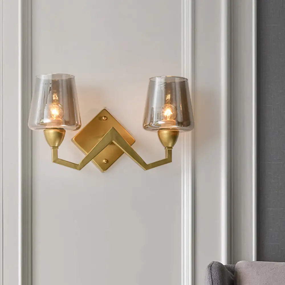 DecorBites™ Mid-Century Wall Lamp with Truncated Cone Shade and Smoke/Clear Glass - Brass Sconce Light Fixture