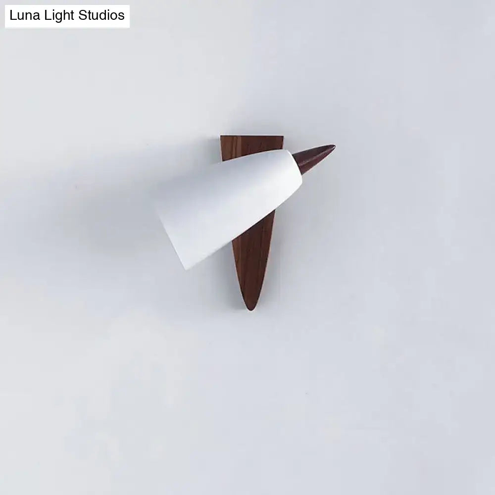 Mid-century white cone metal wall sconce bedroom light with wood base