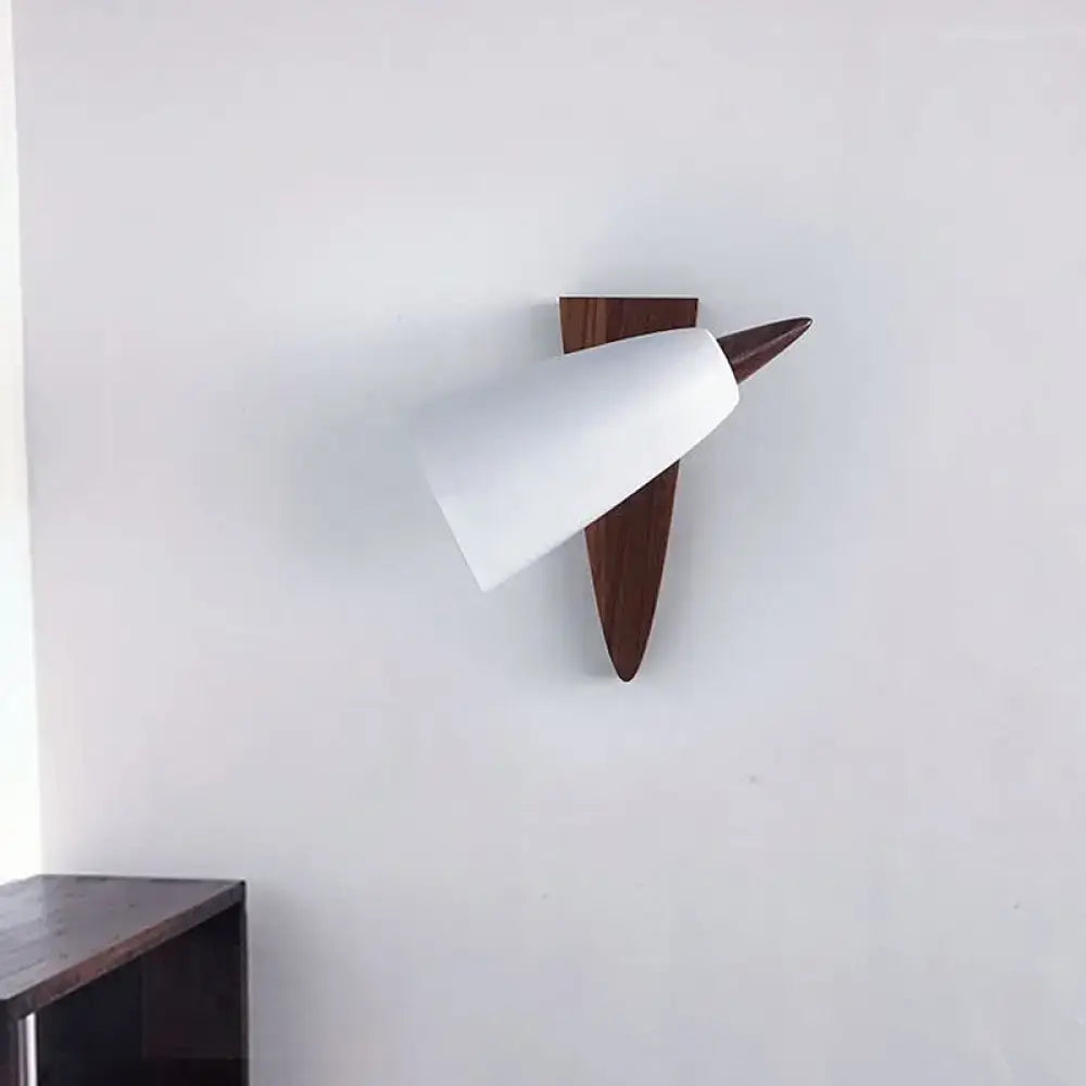 Mid-century white cone metal wall sconce bedroom light with wood base