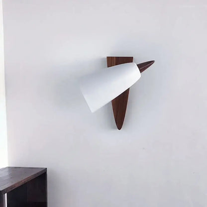 Mid-century white cone metal wall sconce bedroom light with wood base