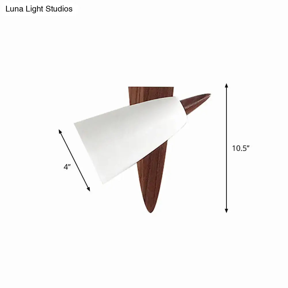 Mid-century white cone metal wall sconce bedroom light with wood base