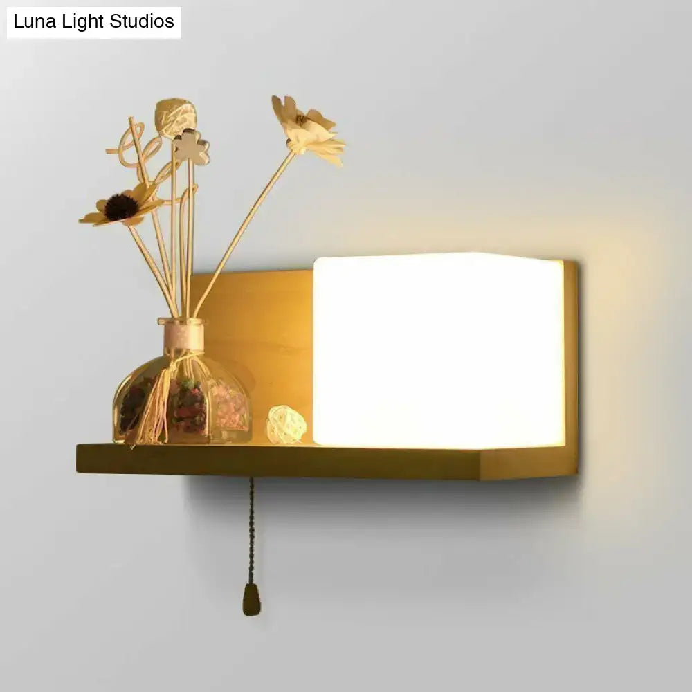 Milk glass cube wall light with wood shelf bedroom sconce