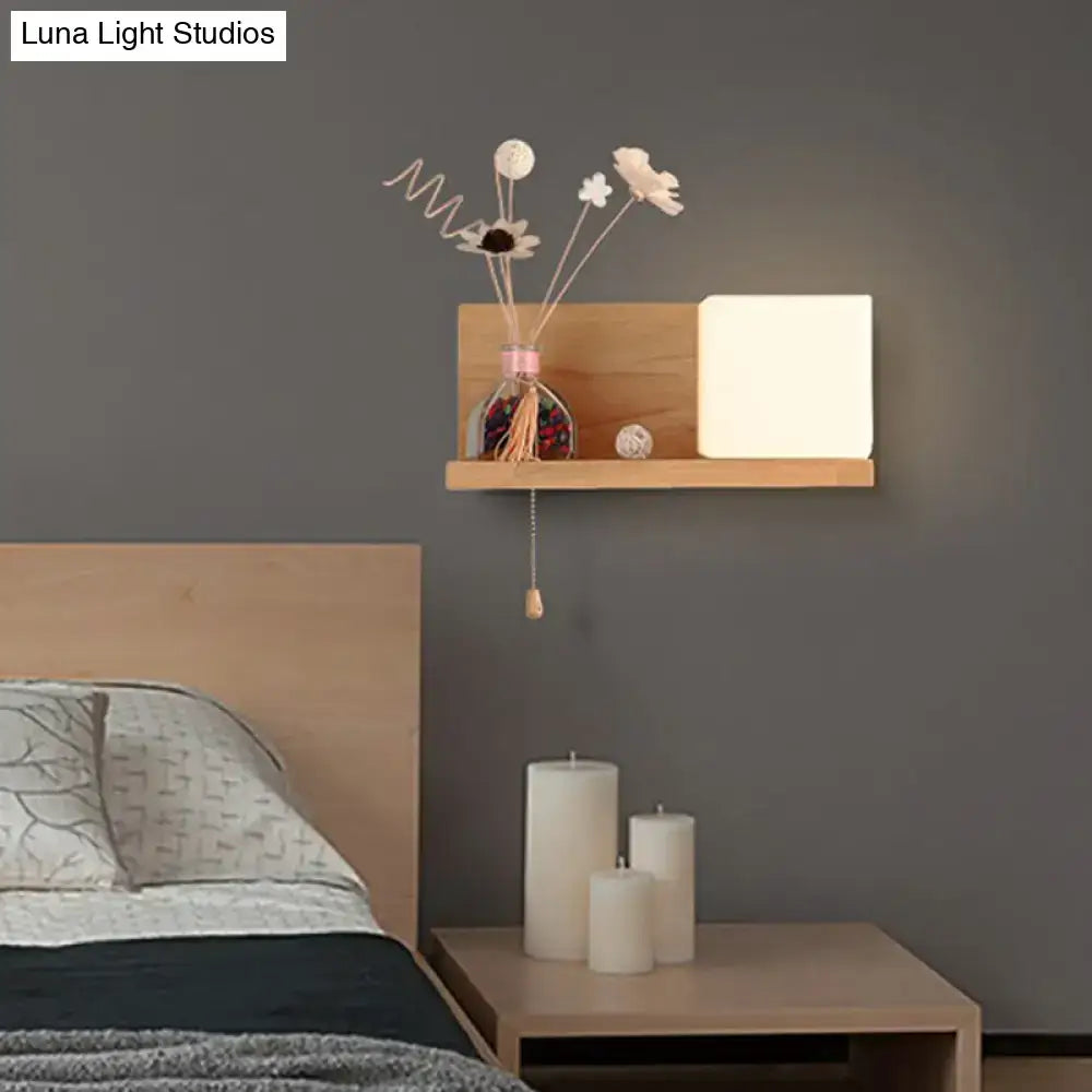 Milk glass cube wall light with wood shelf bedroom sconce