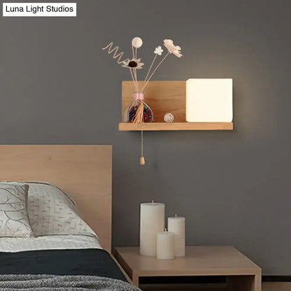 Milk glass cube wall light with wood shelf bedroom sconce
