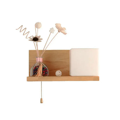 Milk glass cube wall light with wood shelf bedroom sconce