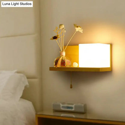 Milk glass cube wall light with wood shelf bedroom sconce