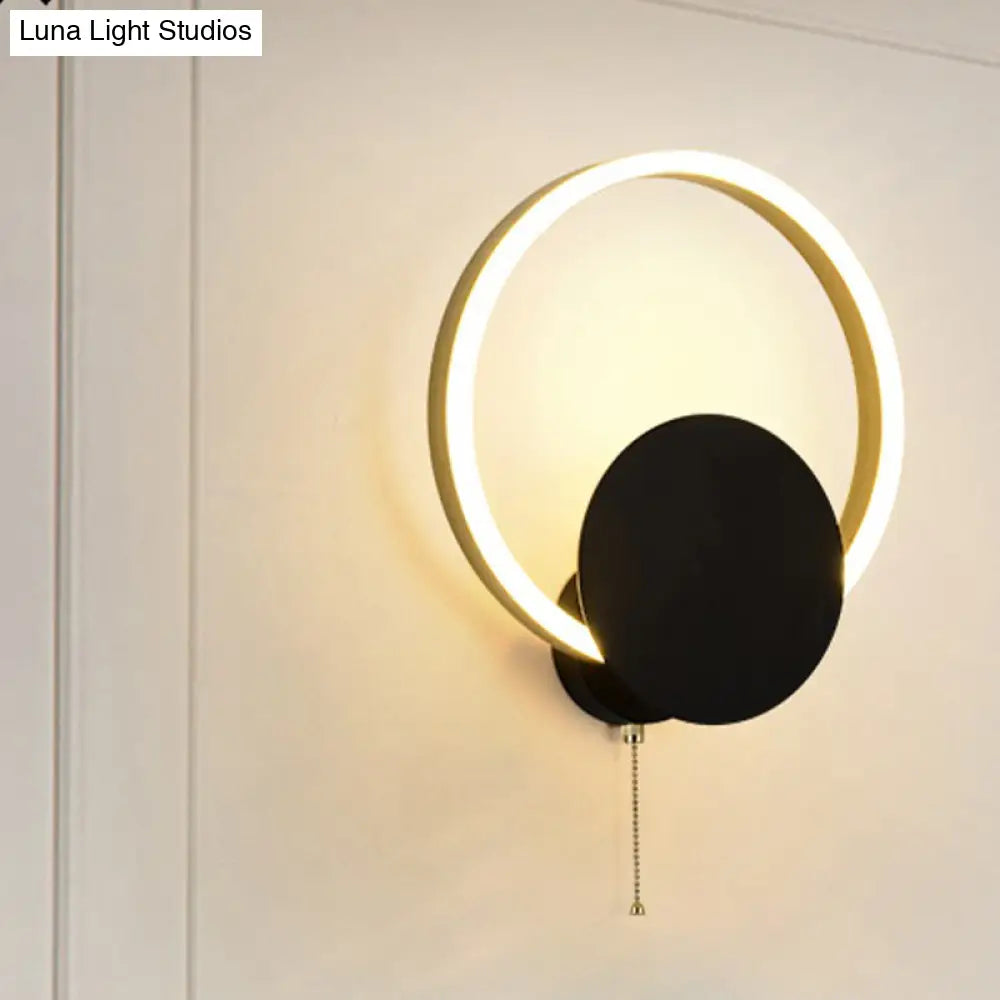 DecorBites™ Minimal Acrylic LED Bedroom Sconce: Circular Wall Mount Light in Black with Pull Chain