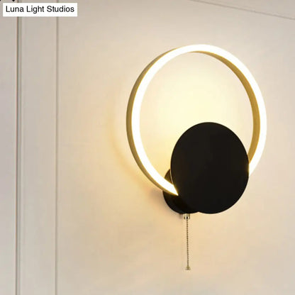 DecorBites™ Minimal Acrylic LED Bedroom Sconce: Circular Wall Mount Light in Black with Pull Chain