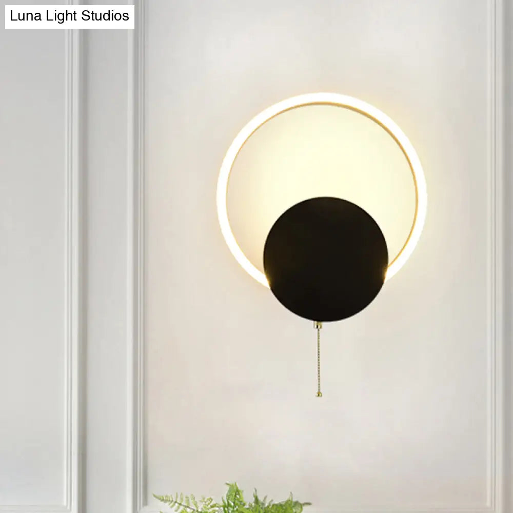 DecorBites™ Minimal Acrylic LED Bedroom Sconce: Circular Wall Mount Light in Black with Pull Chain