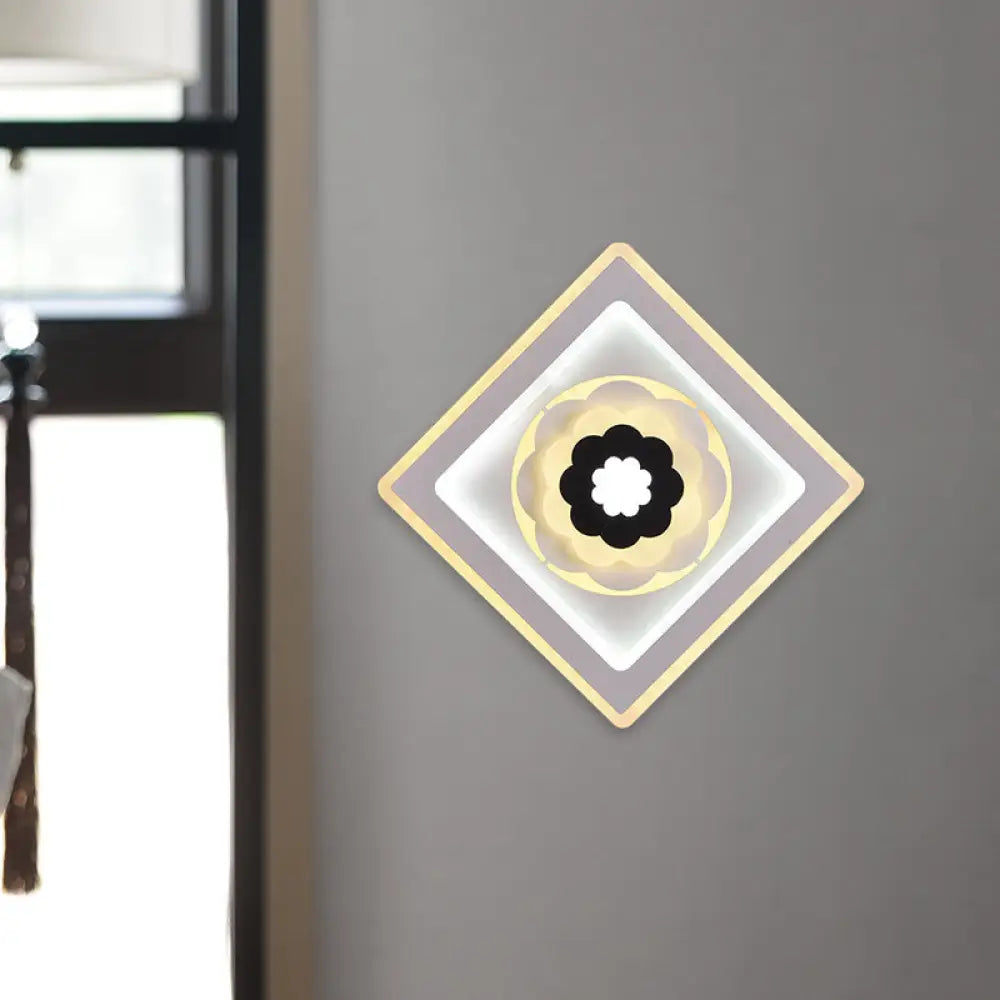 DecorBites™ Minimal Acrylic Rhombus LED Wall Sconce Light with Bloom Pattern (White/Black) for Study Rooms