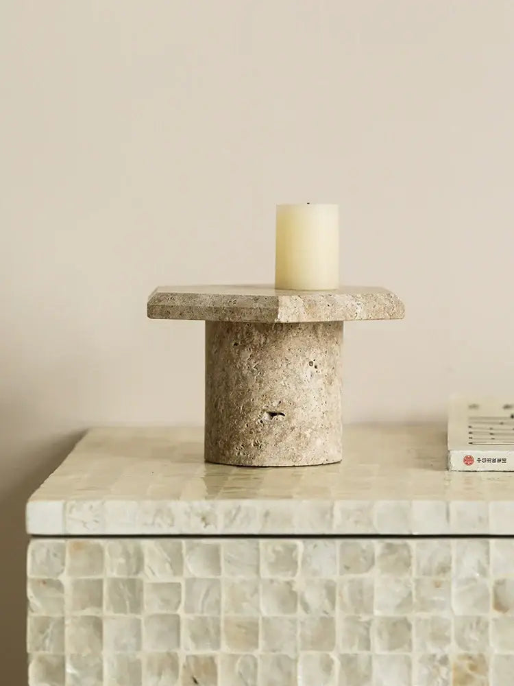 Minimalist beige brown travertine hexagon serving tray dining room