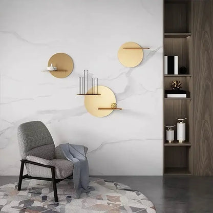 Minimalist beige round metal wall storage shelf for living room