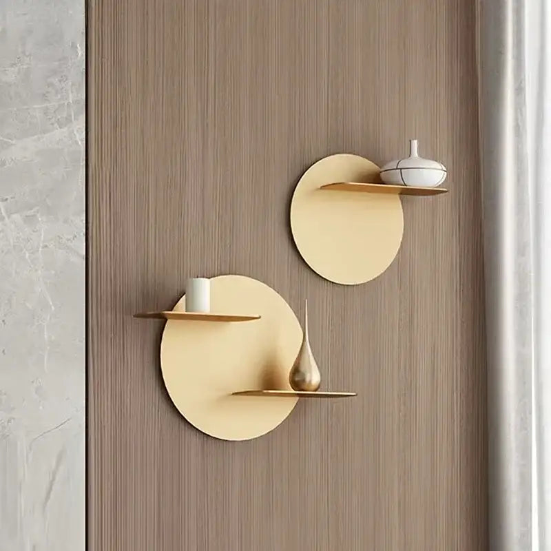 Minimalist beige round metal wall storage shelf for living room