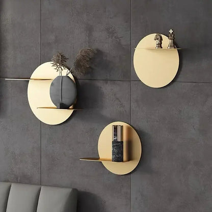 Minimalist beige round metal wall storage shelf for living room