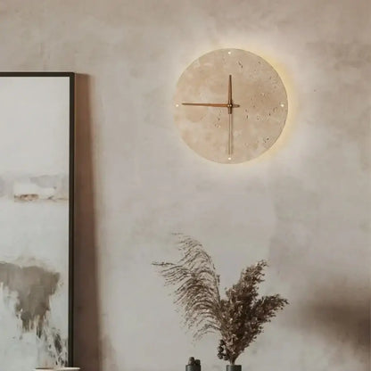 Minimalist beige travertine led wall lights bedroom stone clock