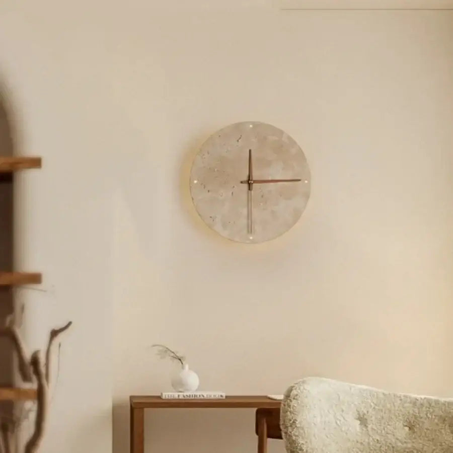 Minimalist beige travertine led wall lights bedroom stone clock