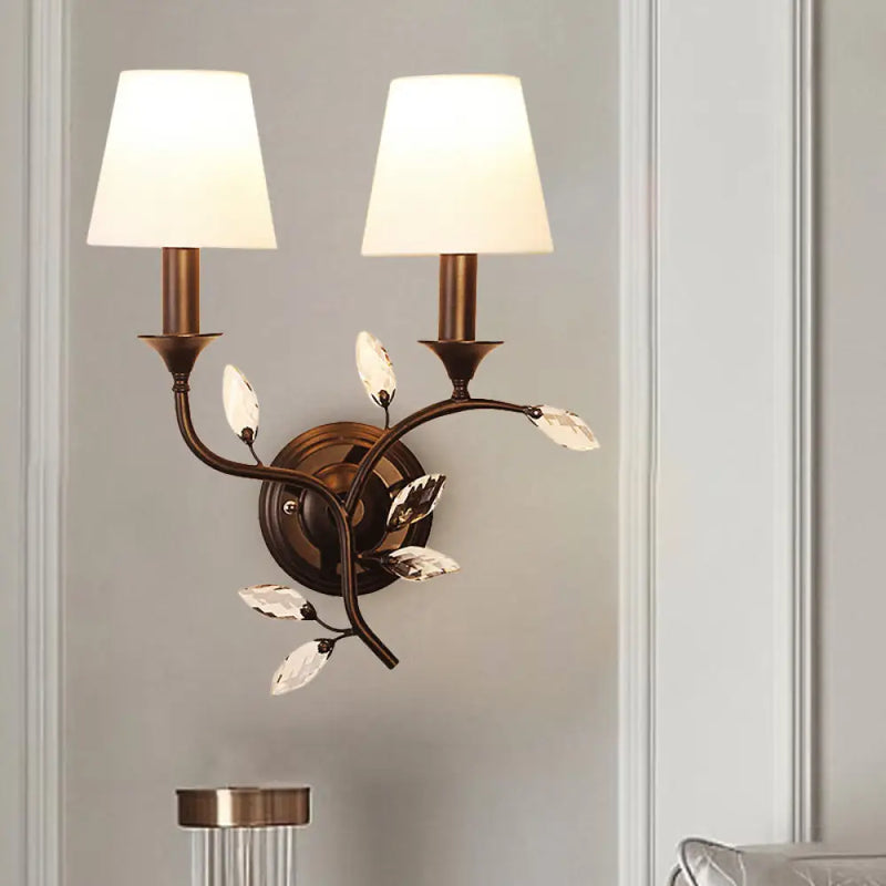 DecorBites™ Minimalist Beveled Crystal Wall Mount Lamp with Black/Gold Finish - 2 Bulbs, Conic Fabric Shade