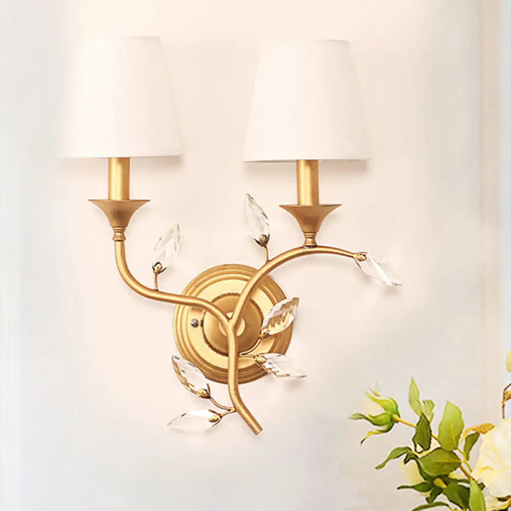 DecorBites™ Minimalist Beveled Crystal Wall Mount Lamp with Black/Gold Finish - 2 Bulbs, Conic Fabric Shade
