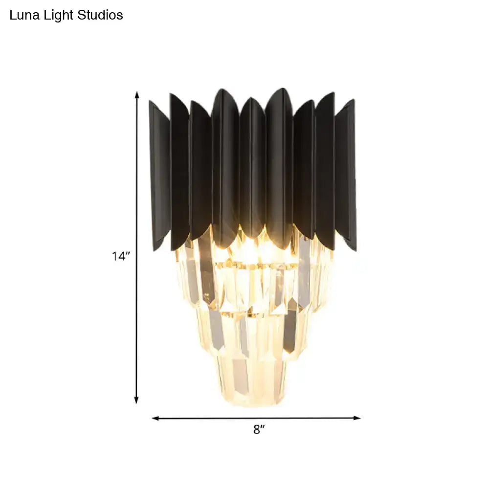 Minimalist black 2-head wall light with crystal tiers for bedroom