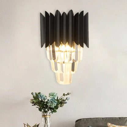 Minimalist black 2-head wall light with crystal tiers for bedroom