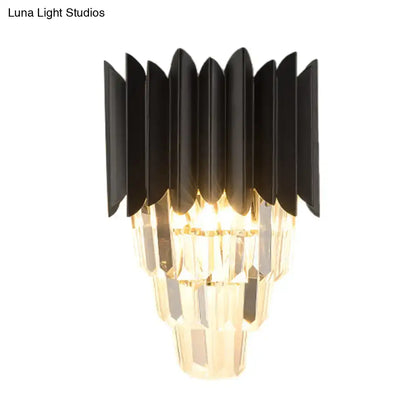 Minimalist black 2-head wall light with crystal tiers for bedroom