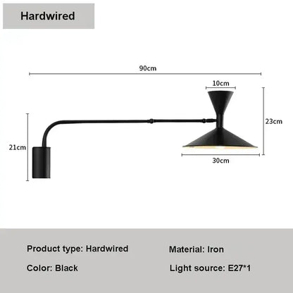 Minimalist black adjustable long arm wall lamp bedroom sconce