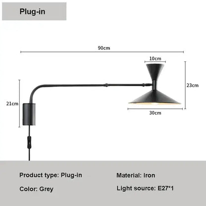 Minimalist black adjustable long arm wall lamp bedroom sconce