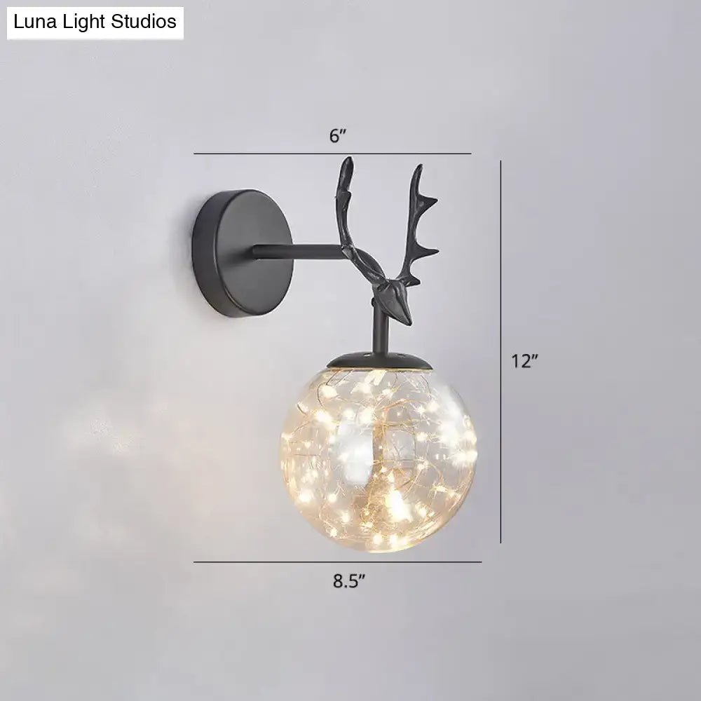 Minimalist black antler glass globe sconce – bedroom fairy light