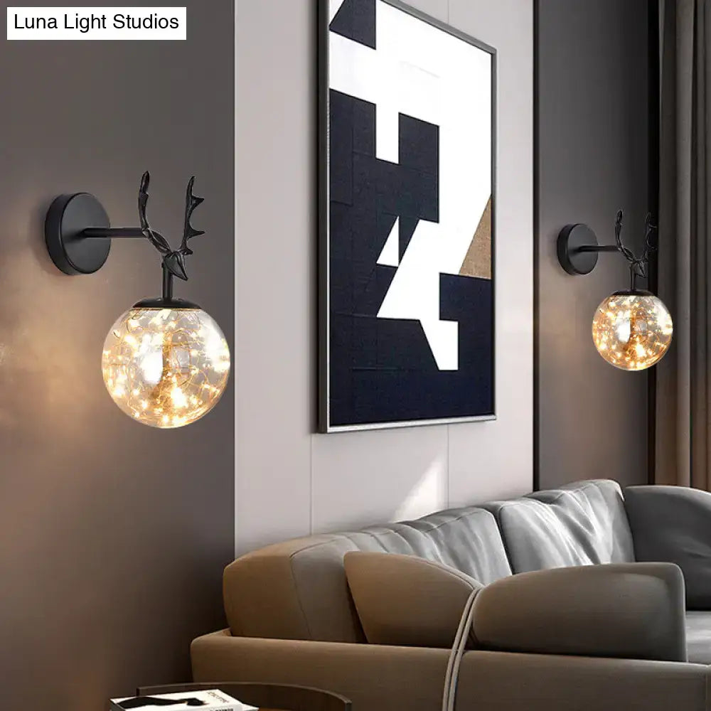 Minimalist black antler glass globe sconce – bedroom fairy light