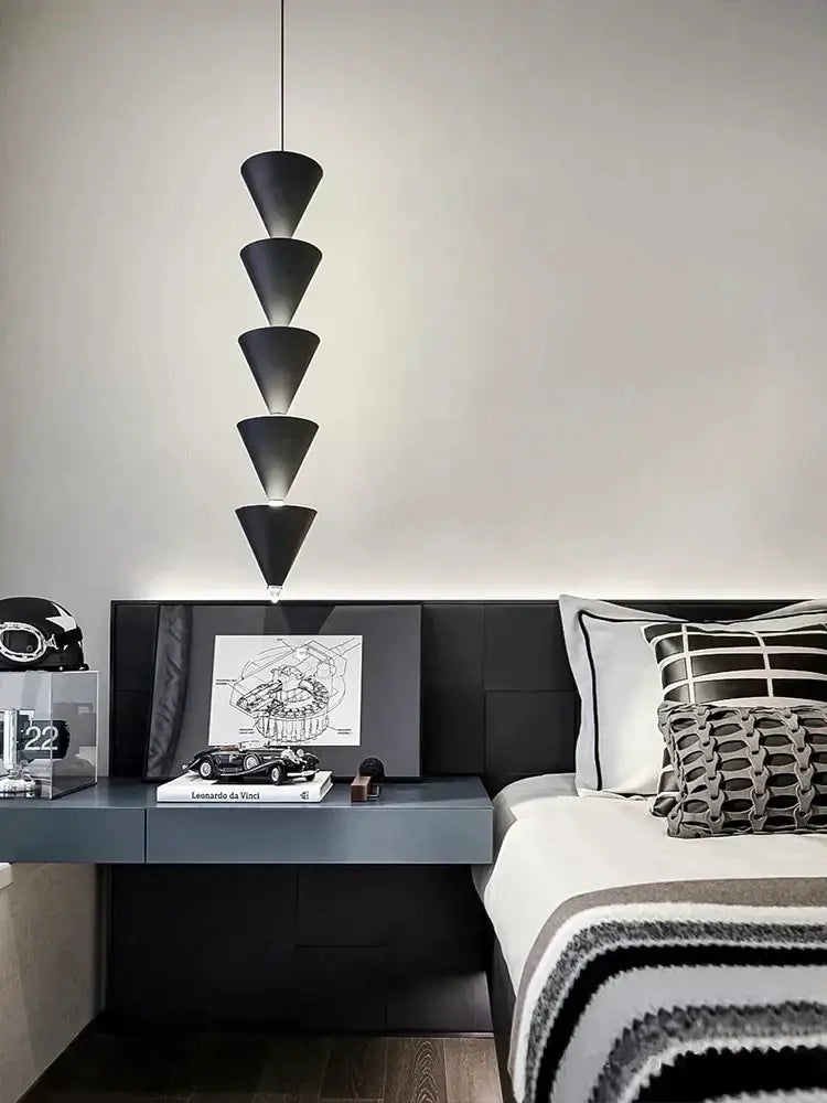 Minimalist black & cream bedroom chandelier stacked conical light