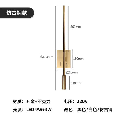 Minimalist black decorative led wall lamp bedroom adjustable spotlight