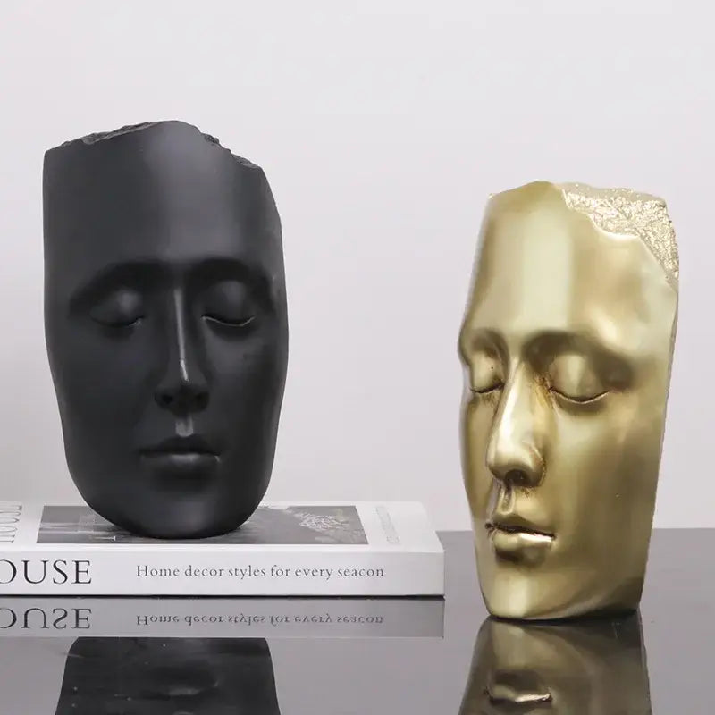 Minimalist black & gold abstract face sculpture living room decor