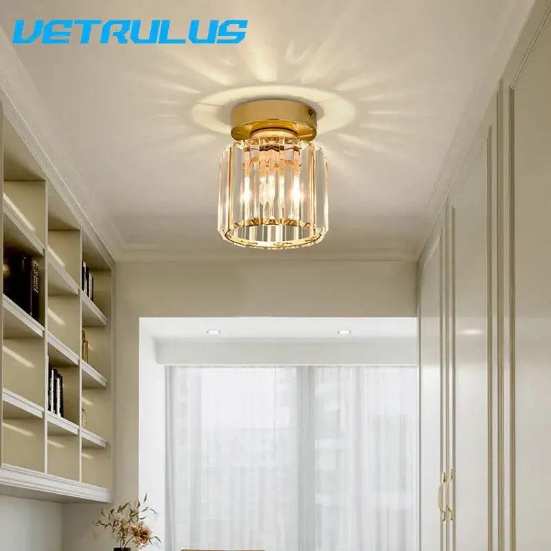 Minimalist black & gold crystal ceiling chandelier corridor light