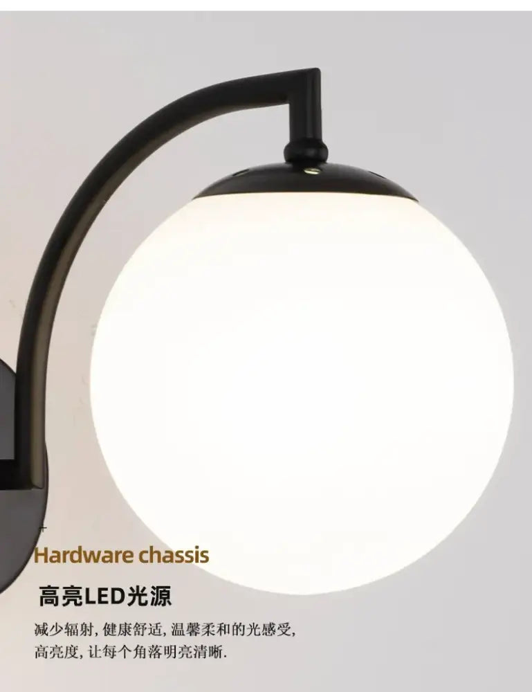 Minimalist black & gold glass ball wall light bedroom sconce