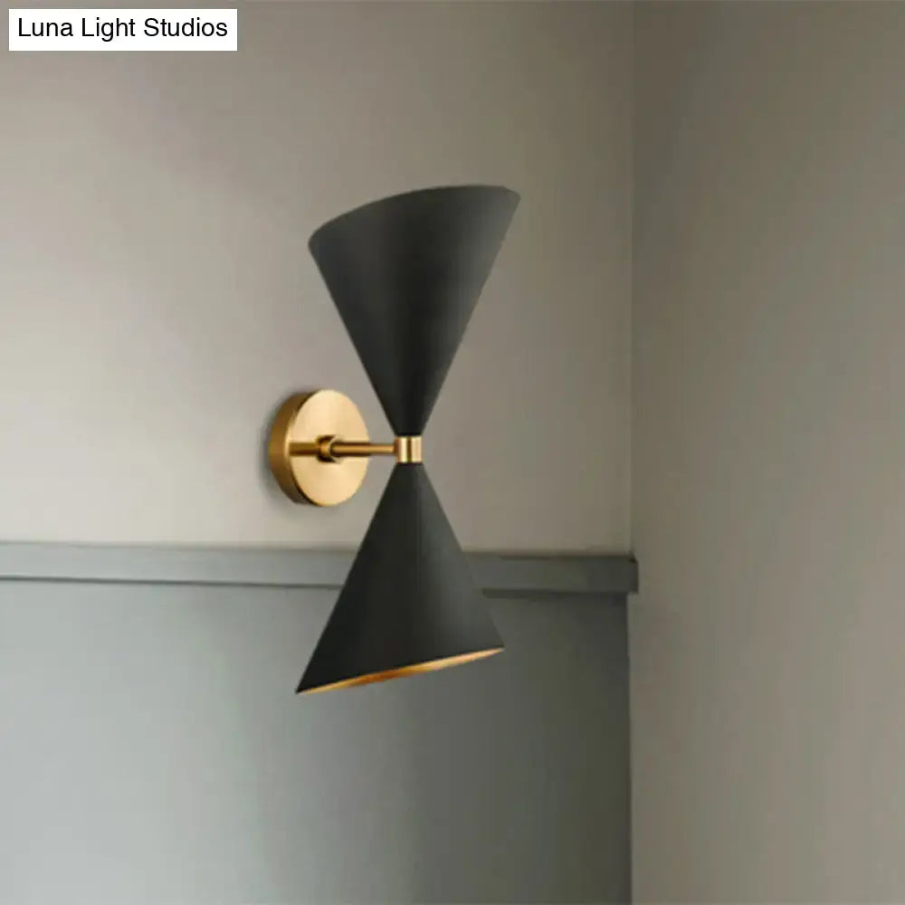 Minimalist black & gold wall lamp with double cone-shaped shades bedroom